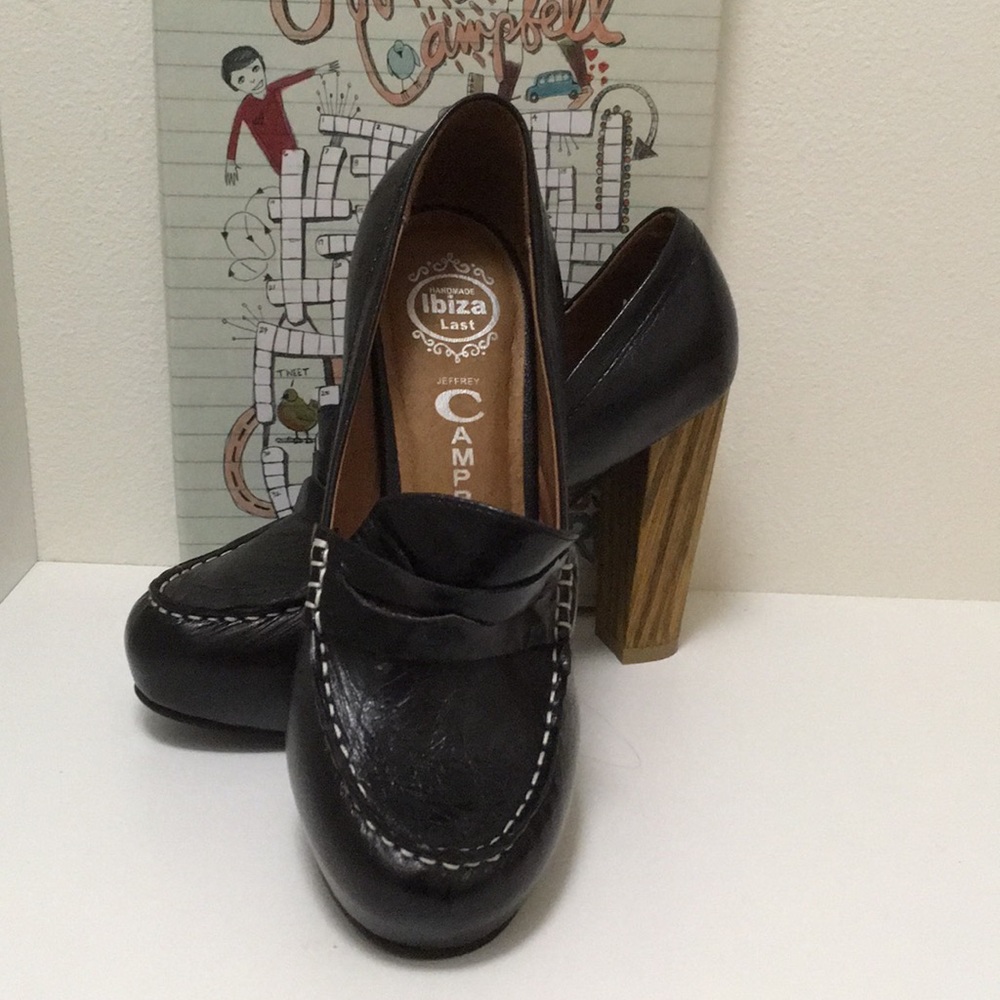 Jeffrey Campbell black leather/wood platform heels